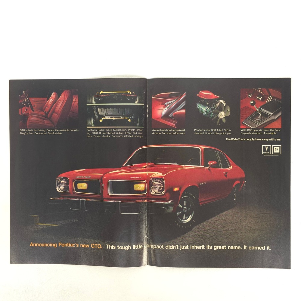1974 Pontiac GTO Print Ad Shaker Hood Muscle Car Show Display Garage Wall Art